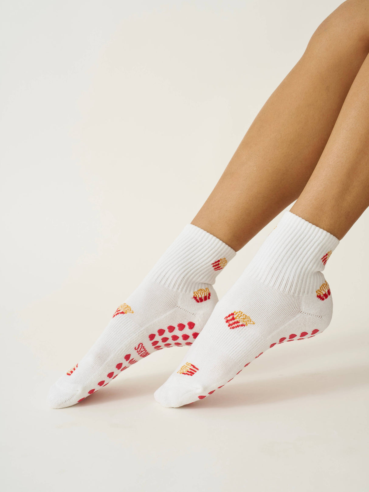 š French Fries Grip Yoga and Pilates Socks WHITE - Warrior II to the Drive Thru
